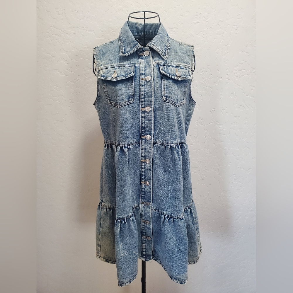 Sleeveless Denim Tiered Shirt Dress - Light Blue